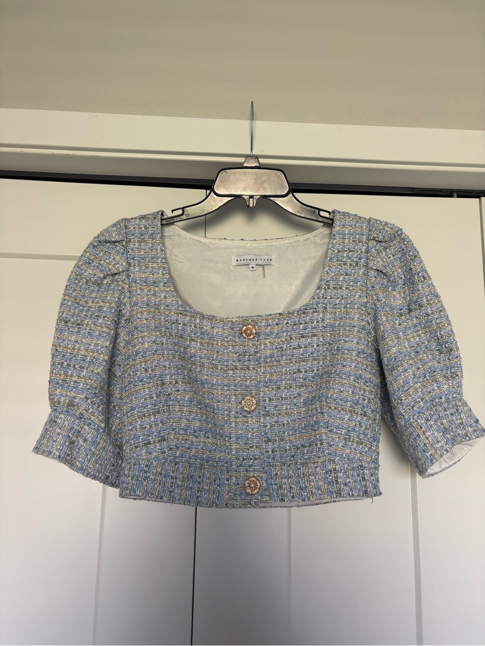 Lisa Dean Light Blue Tweed Cropped Button Up Top (part of a set)